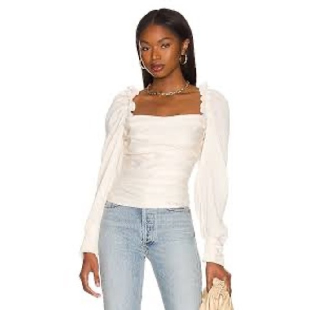 ASTR The Label Cream‎ Ruched Square Neck Smocked Back Puff Sleeve Blouse Medium